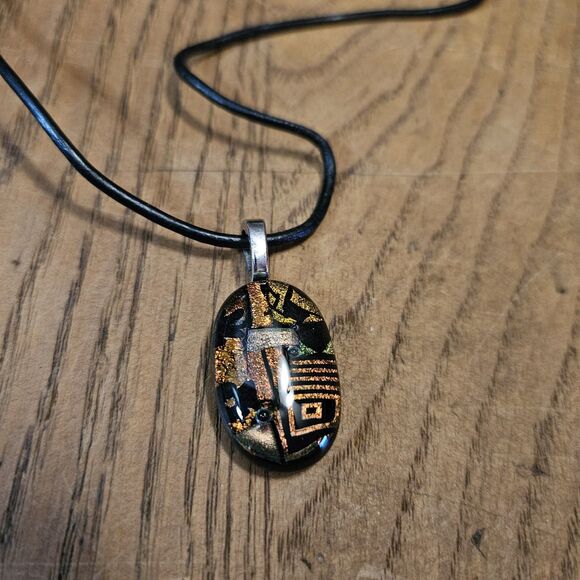 Women's Art Fused Black Glass Necklace With Gold Black String Silver Clasp Boho - Picture 9 of 10